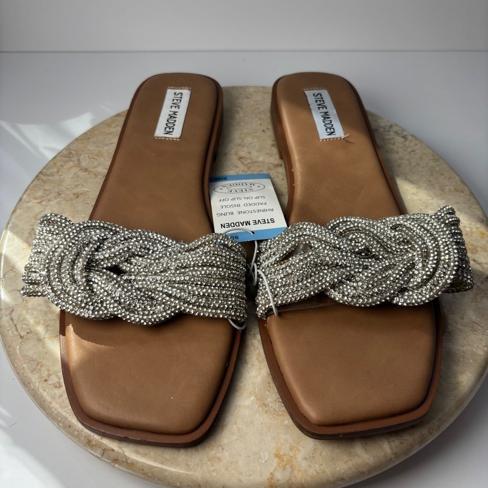 Steve Madden Ladies Rhinestone Bling Sandals 9 Silver Braided Y2K Slide Cushion - Picture 2 of 5